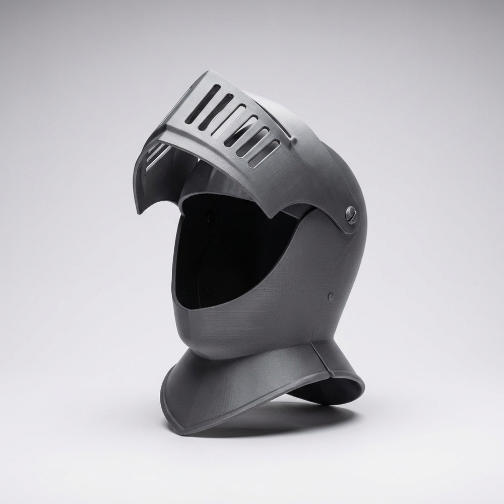 3D printed knight tournament helmet with raised louvered visor