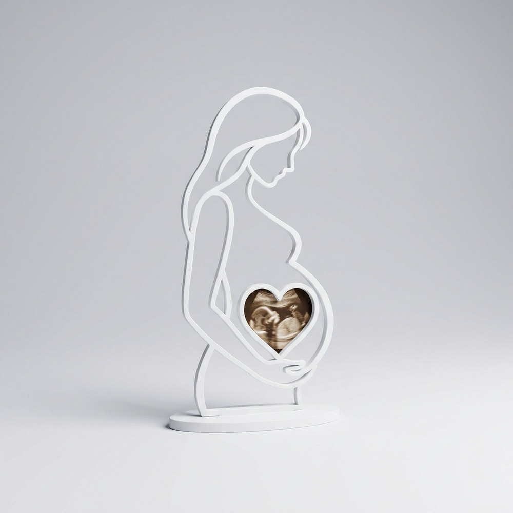 3D printed white line-art pregnant woman heart ultrasound keepsake