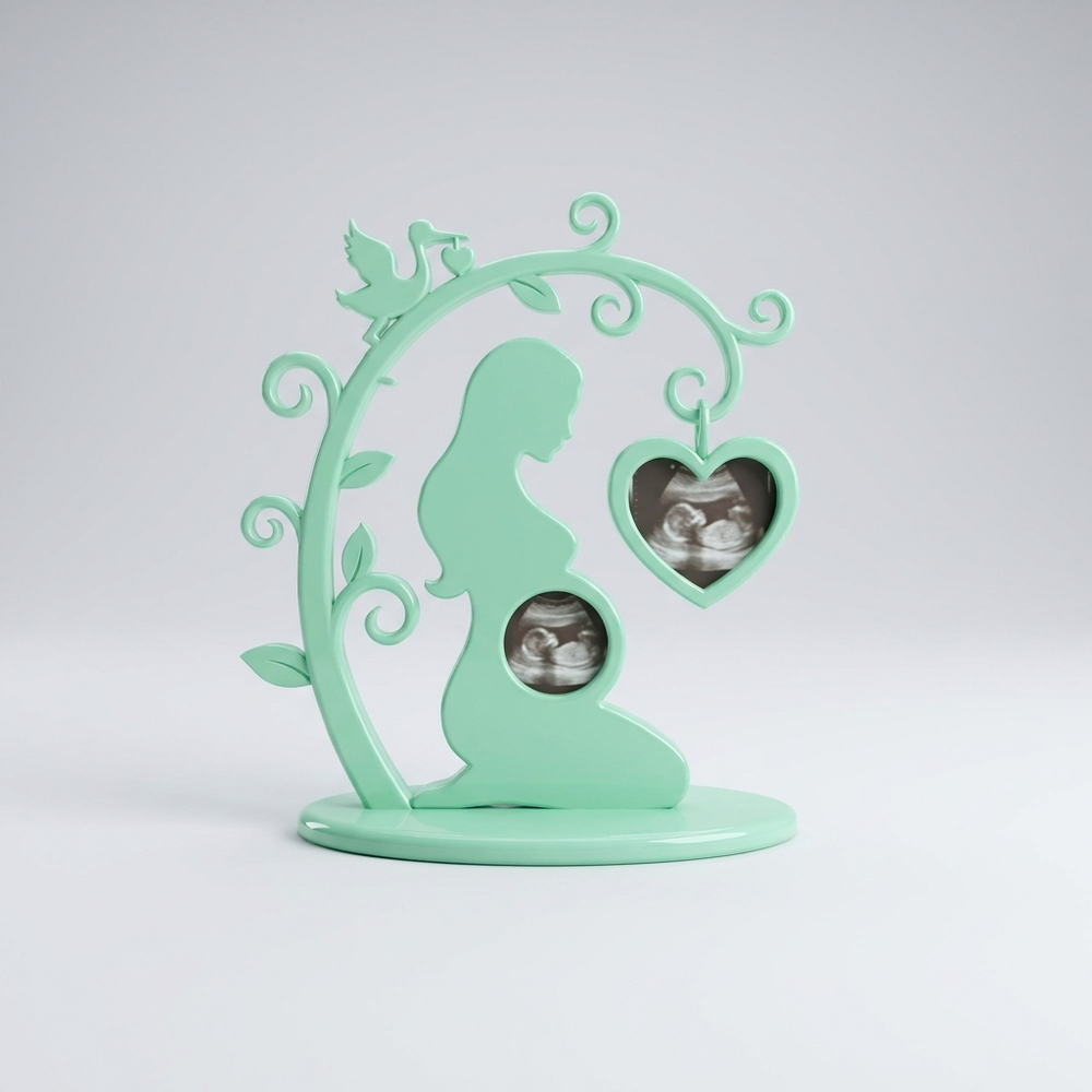 Mint green 3D printed pregnant woman with stork ultrasound keepsake