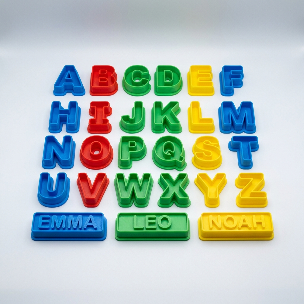 3D printed colorful letter and name cookie cutters
