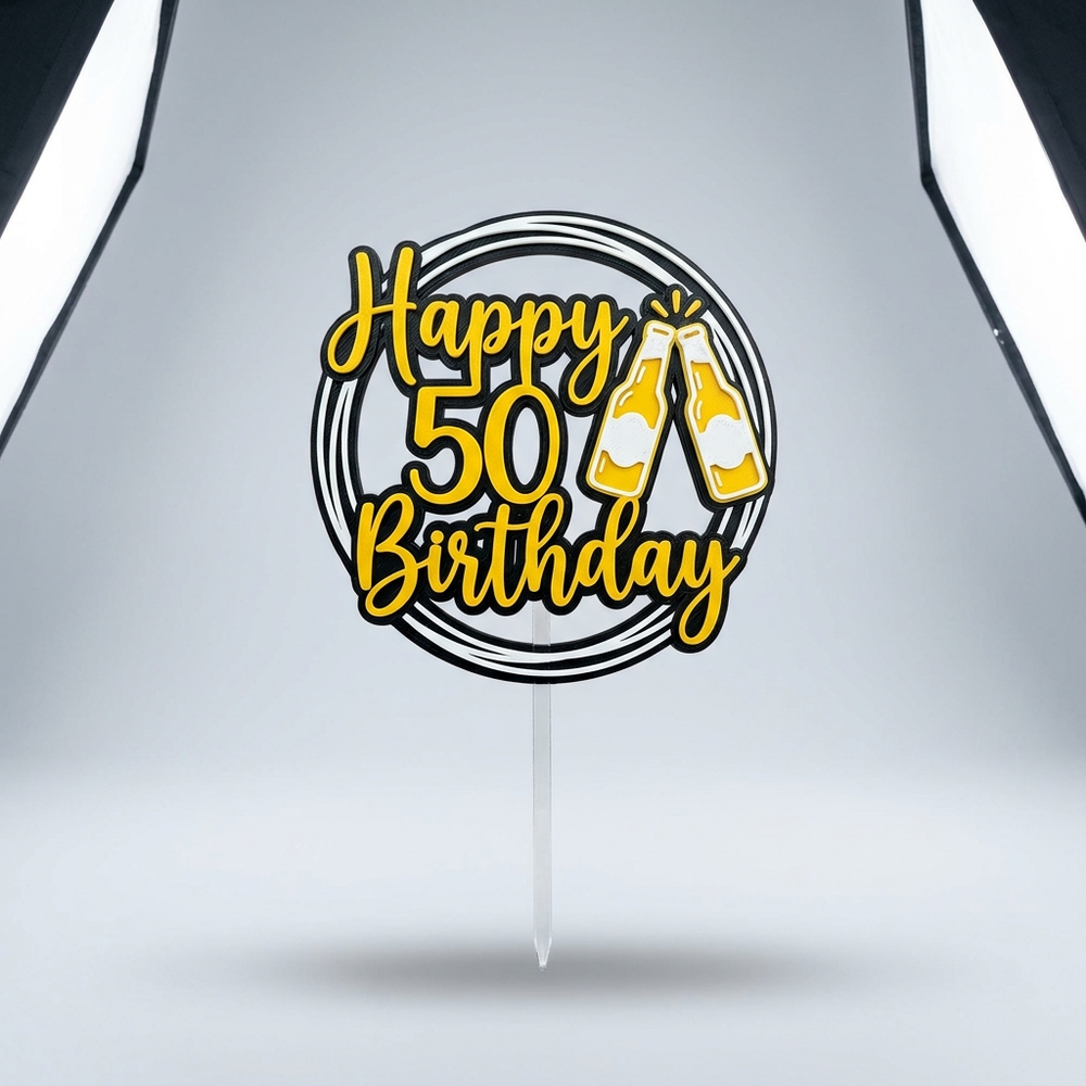 3D printed Happy 50th birthday beer bottles cake topper