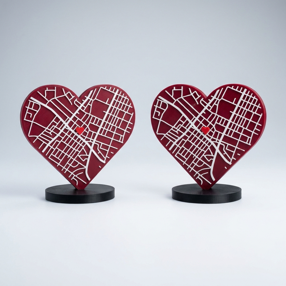 3D printed heart-shaped street map keepsakes