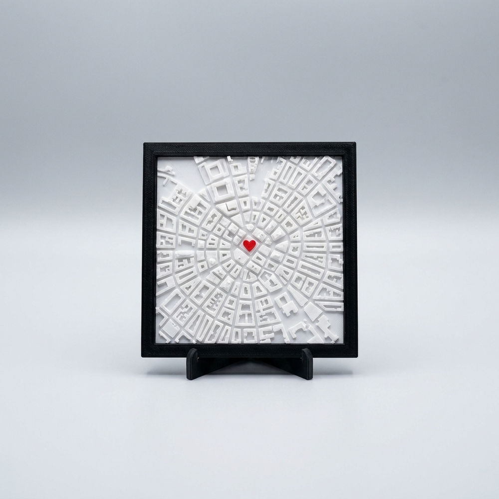 3D printed square city map relief with heart marker
