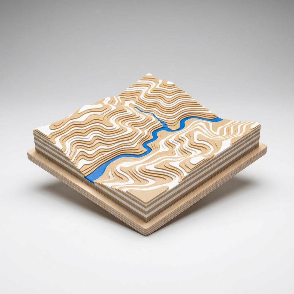 3D printed mountain terrain relief tile with river