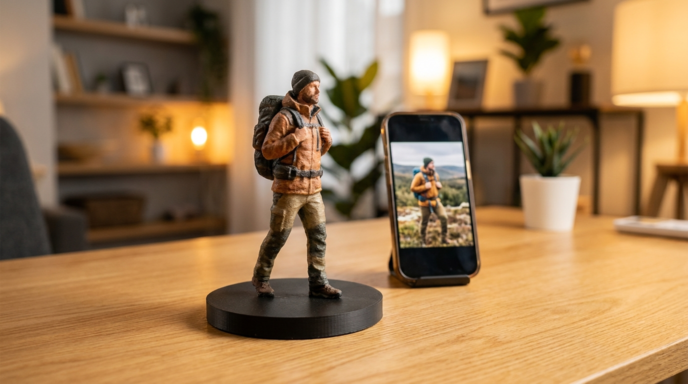 3D-printed figurine of a person on a base beside a phone showing the original photo
