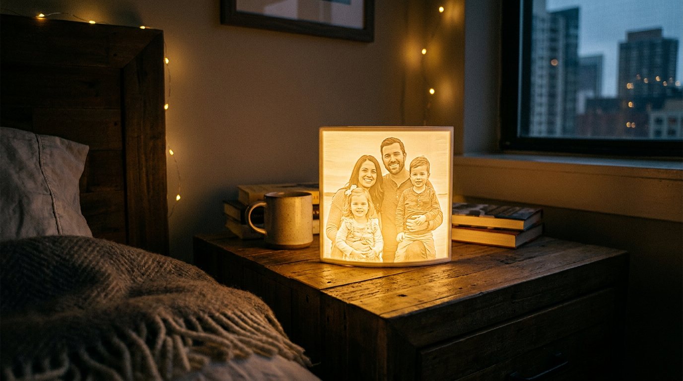 Glowing 3D-printed lithophane photo lamp on a bedside table