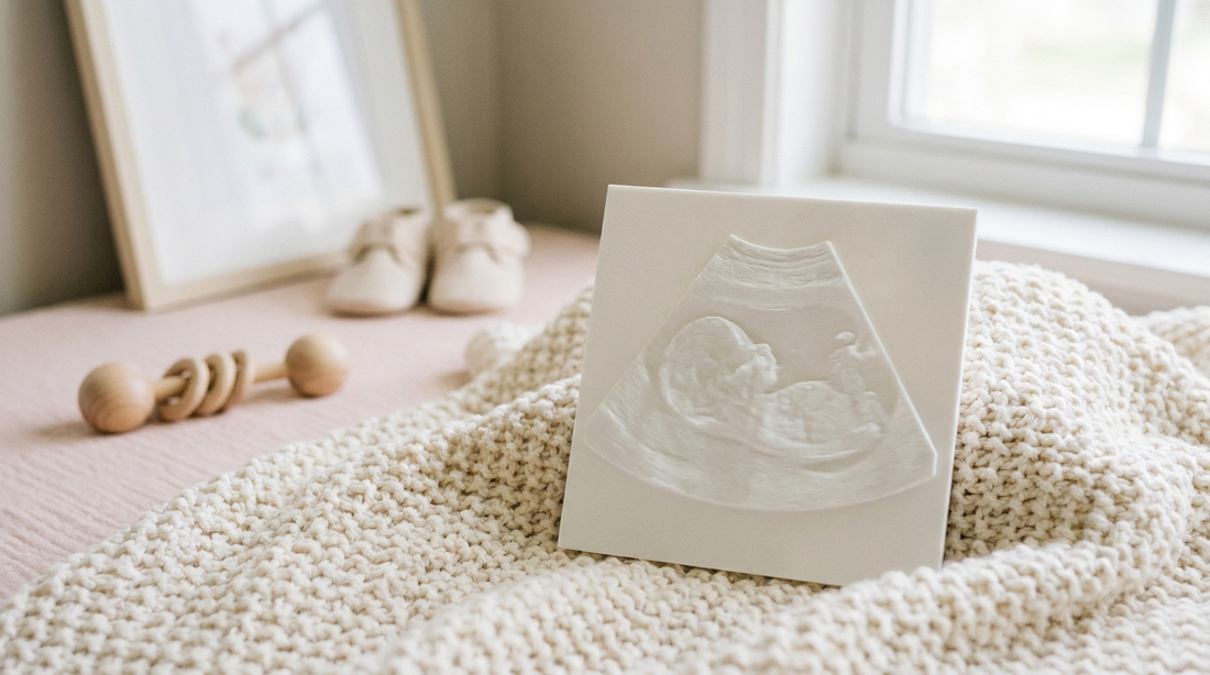 3D-printed ultrasound keepsake plaque on a soft blanket in a nursery