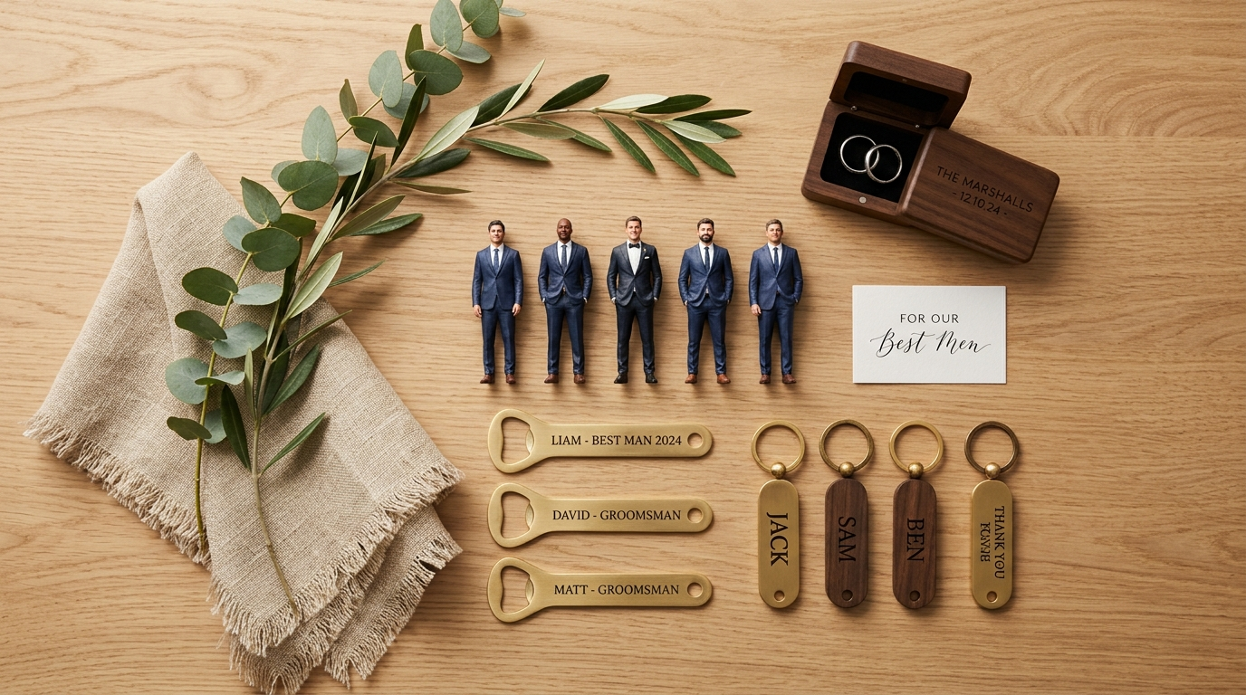 Flat-lay of personalised 3D-printed wedding and groomsmen gifts