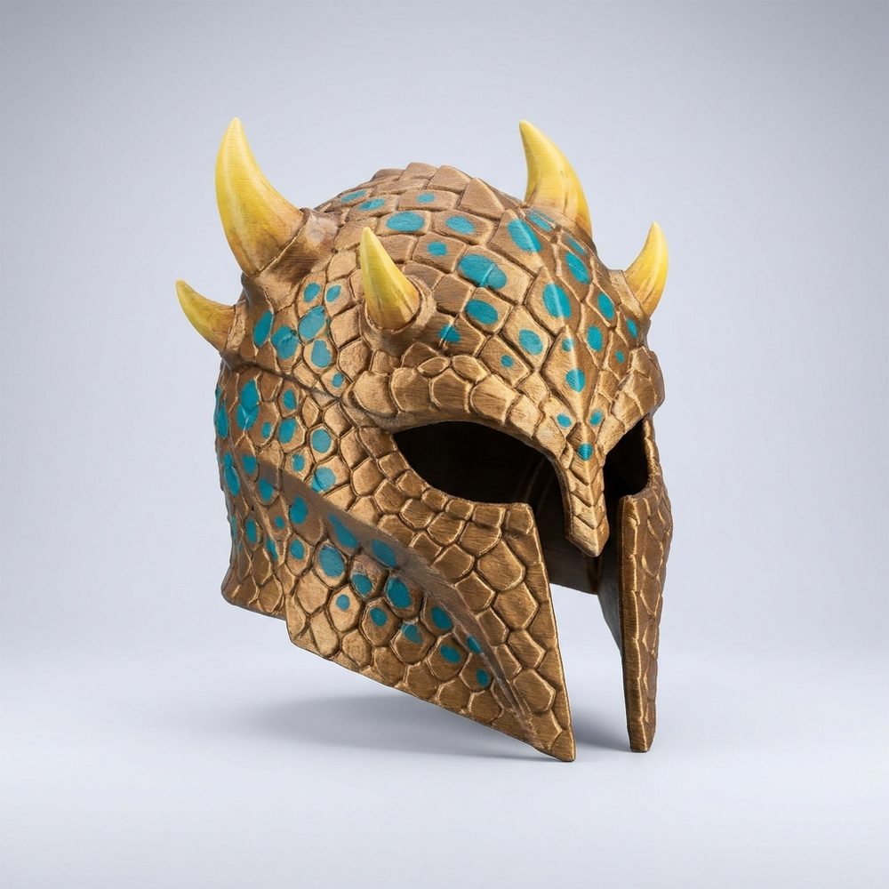 3D printed bronze and teal alien warrior cosplay helmet