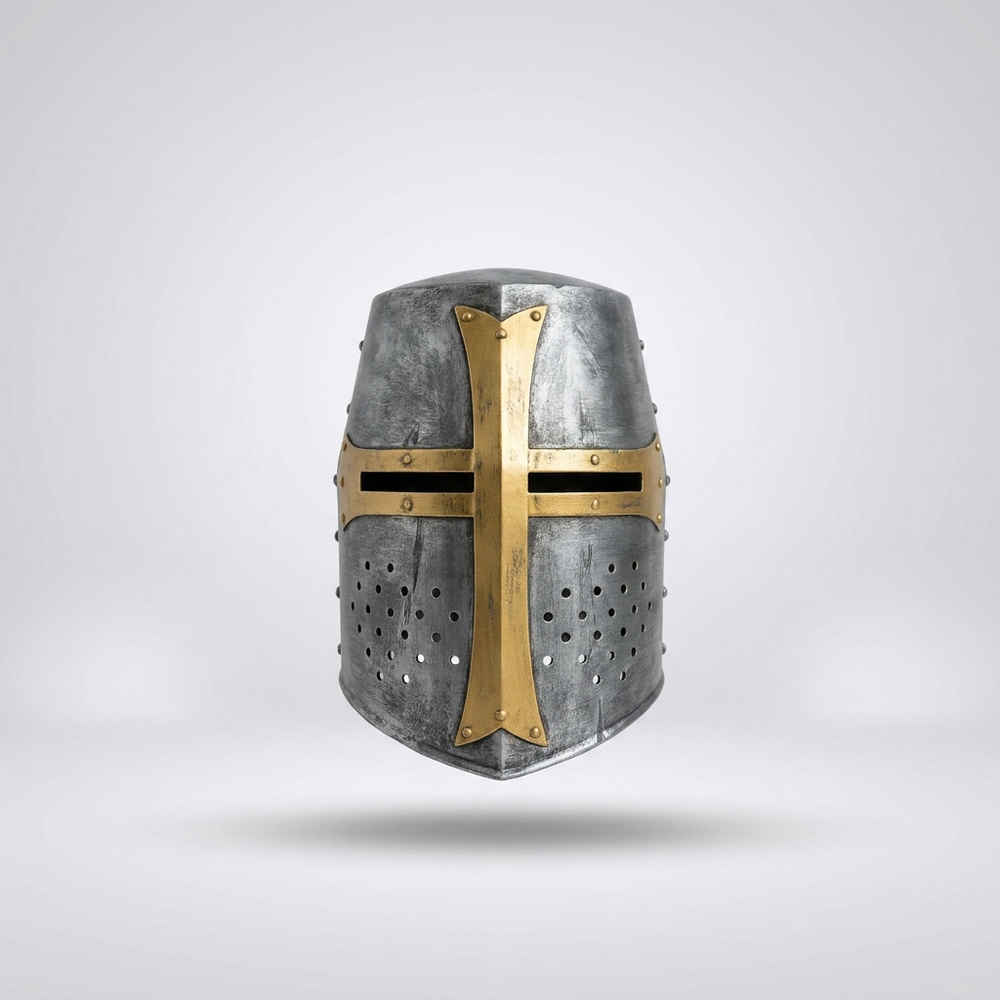 3D printed crusader great helm with gold cross guard