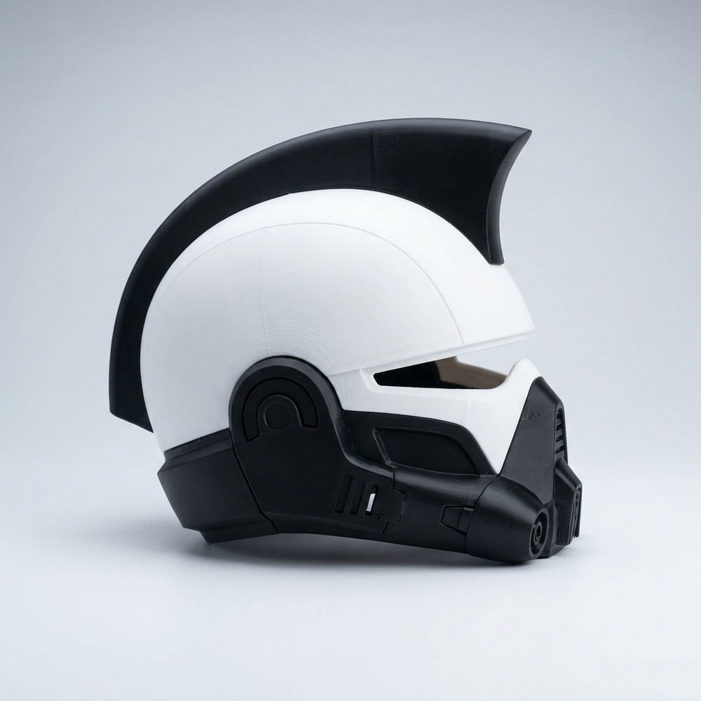 3D printed white sci-fi pilot helmet with curved crest