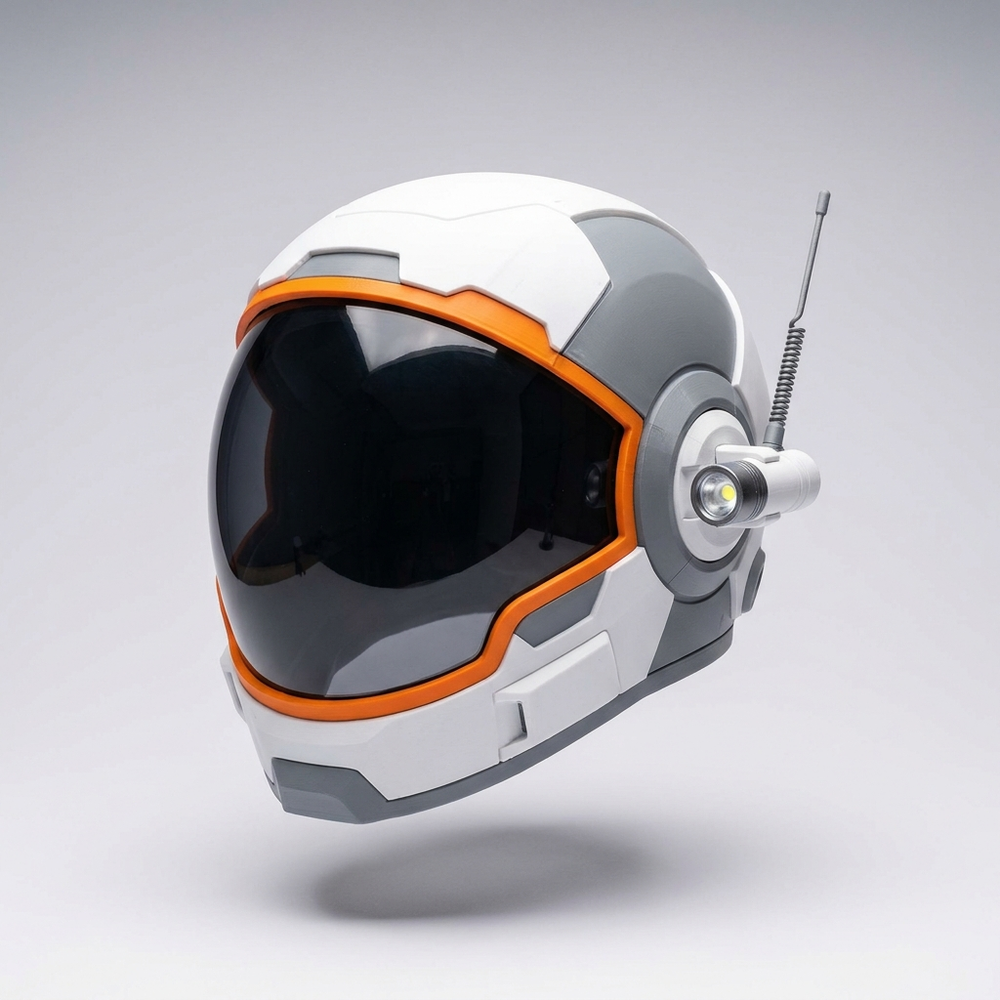 3D printed white and orange sci-fi explorer helmet with dark visor