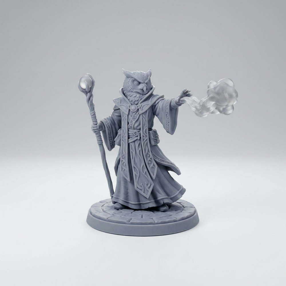 3D printed grey resin owl wizard fantasy miniature