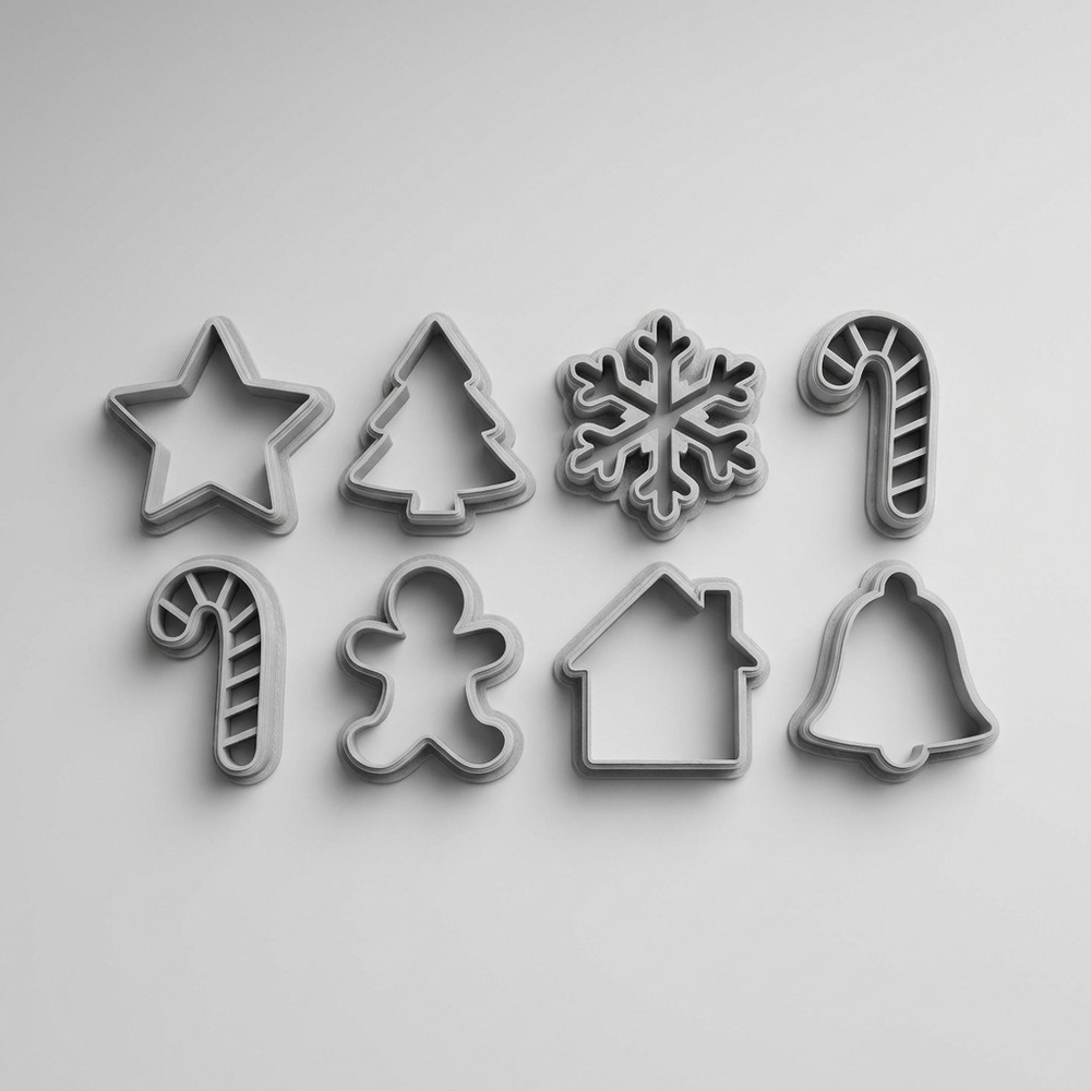 3D printed grey Christmas cookie cutter set