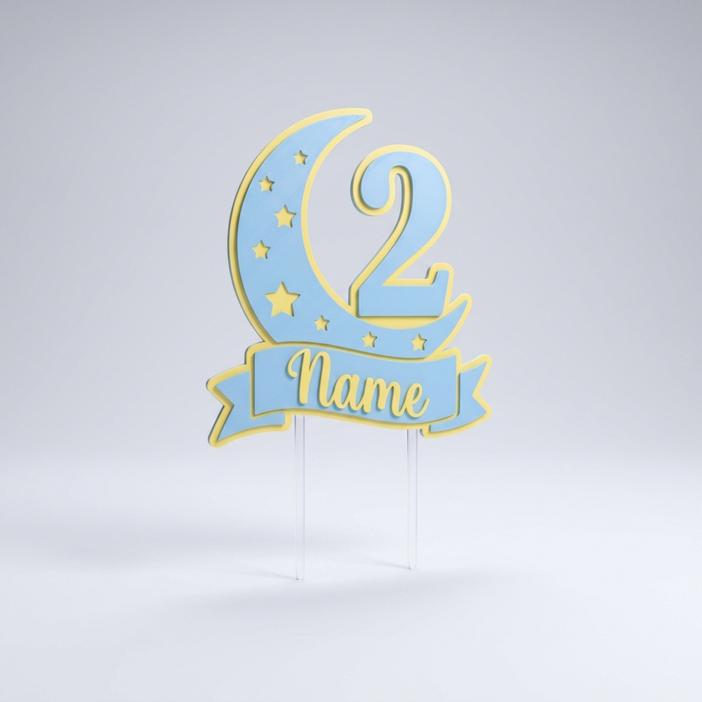 3D printed moon and stars birthday cake topper with name banner