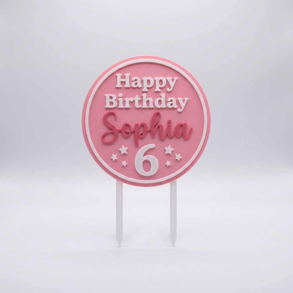 3D printed pink round happy birthday name cake topper