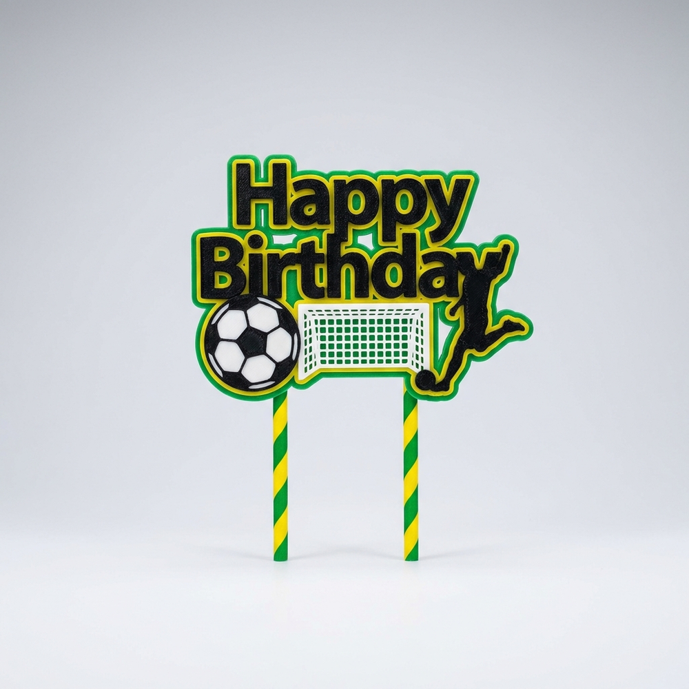 3D printed soccer themed happy birthday cake topper