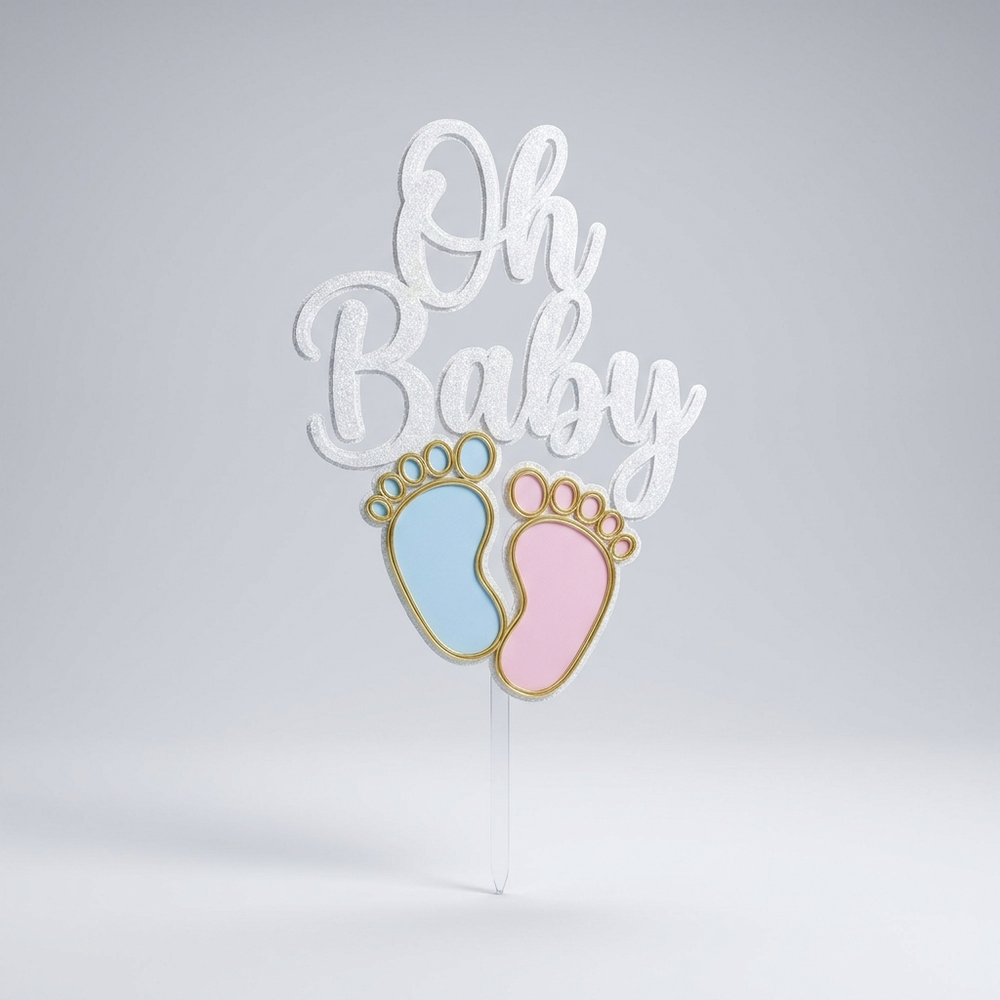 3D printed Oh Baby gender reveal cake topper