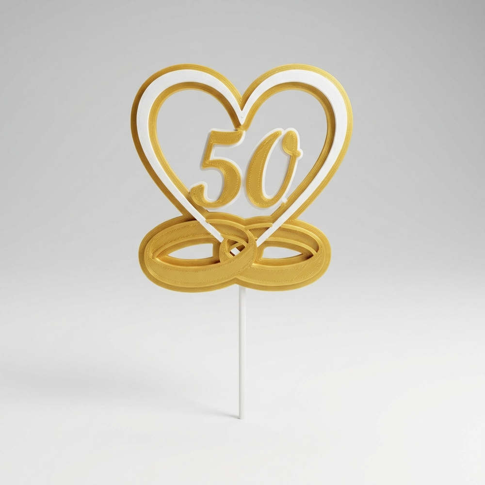 3D printed 50th wedding anniversary rings heart cake topper