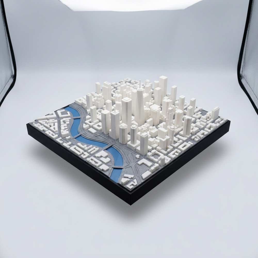 3D printed city skyline terrain tile with river