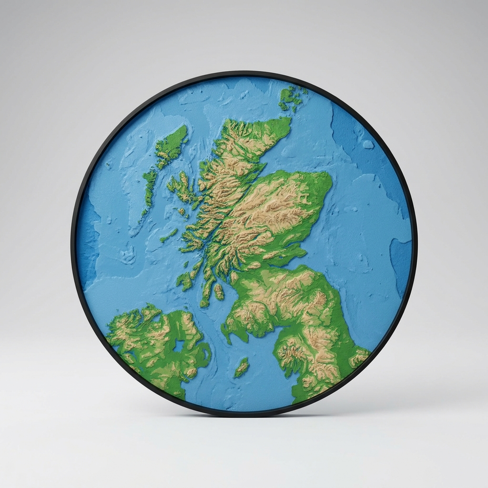 3D printed round topographic coastline relief map