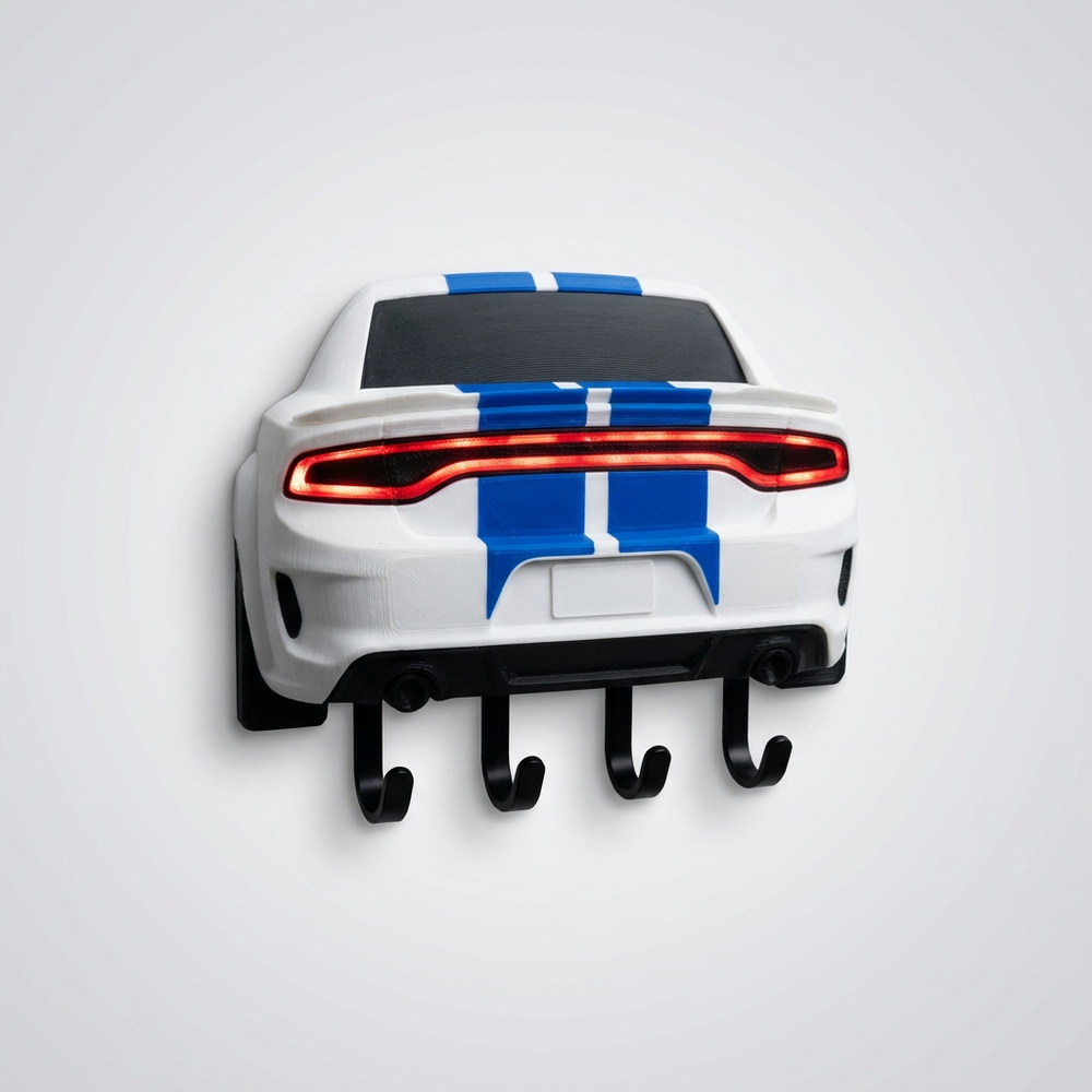 3D printed white muscle car rear key holder with stripes