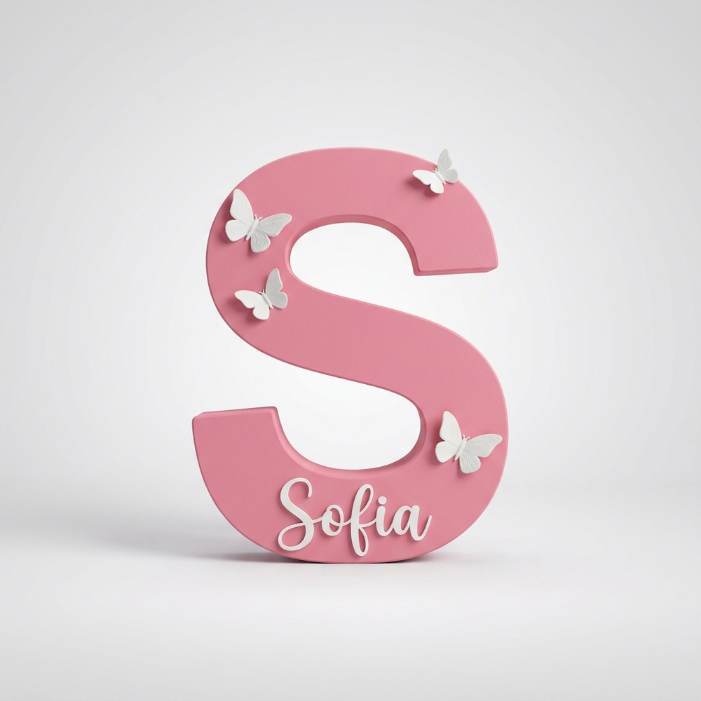 3D printed pink letter S name sign with butterflies