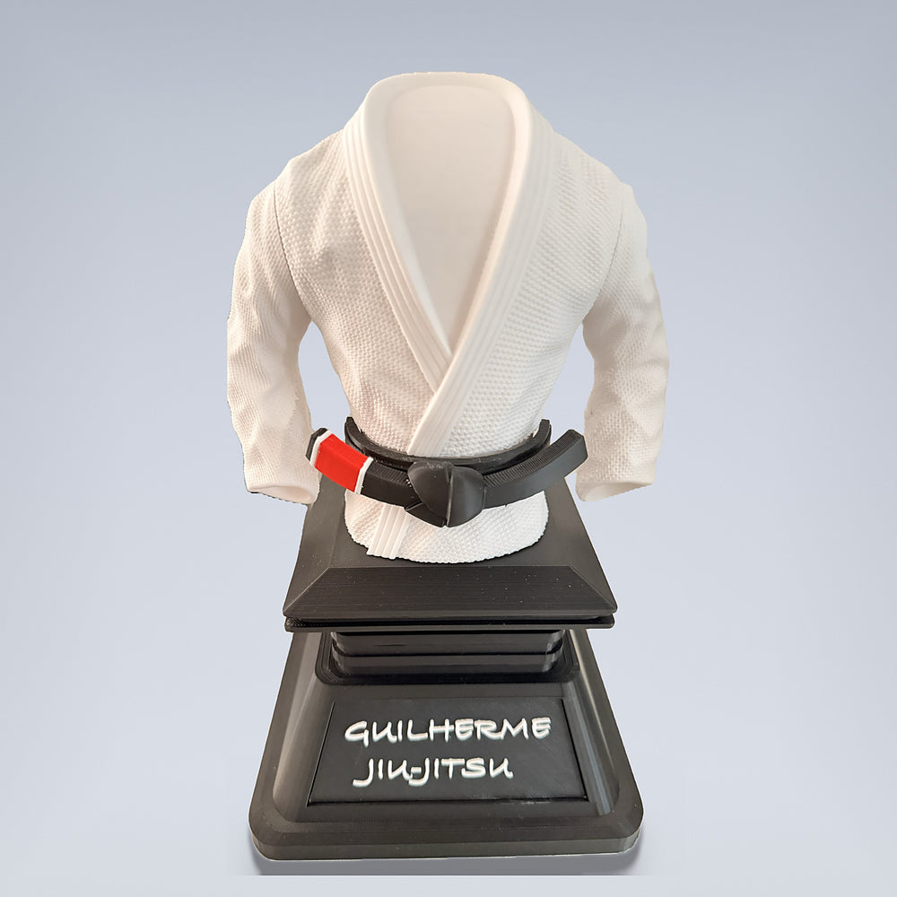 3D printed jiu-jitsu gi trophy with black belt and personalised name plaque