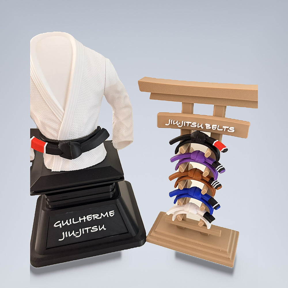 Jiu-jitsu belt display set seen from an angle — gi trophy and belt rack