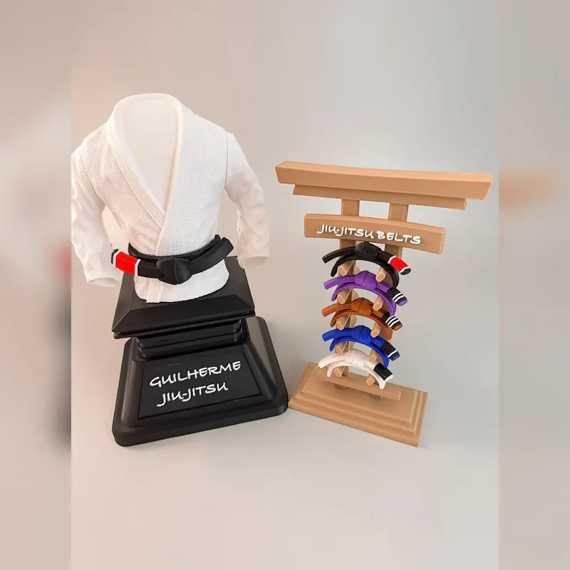 Personalised jiu-jitsu belt display set: gi trophy with name plaque and torii belt rack, 3D printed in Dublin
