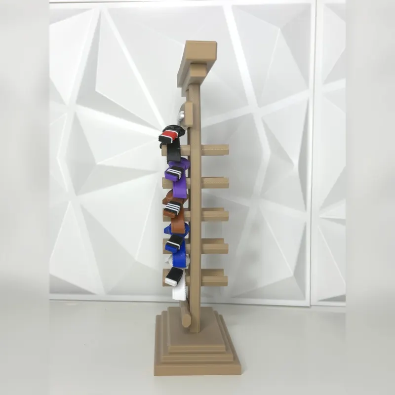 Side view of the slim torii belt rack with belts hanging