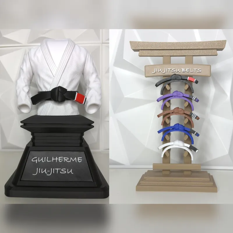 The full BJJ display set side by side: gi trophy and belt rack