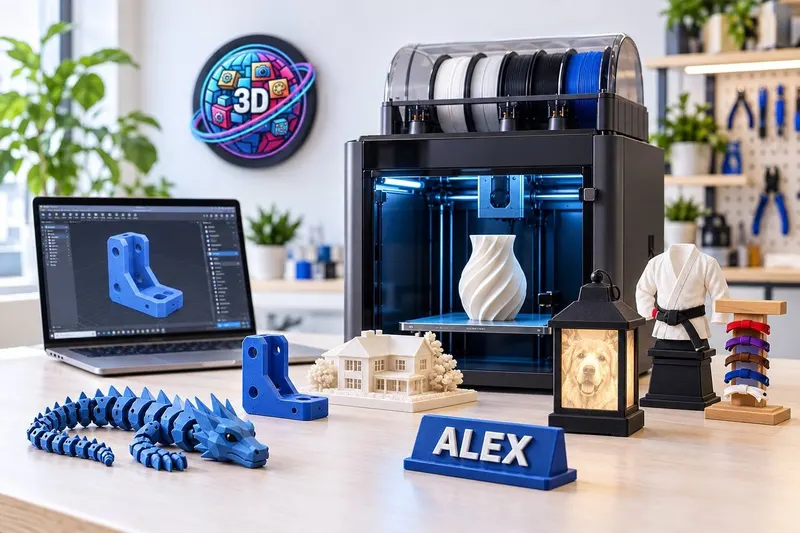 Illustration of a 3D printing studio: printer making a vase, a part designed on a laptop, a name sign, a lithophane lamp, a BJJ gi trophy and belt rack, a dragon and a house model