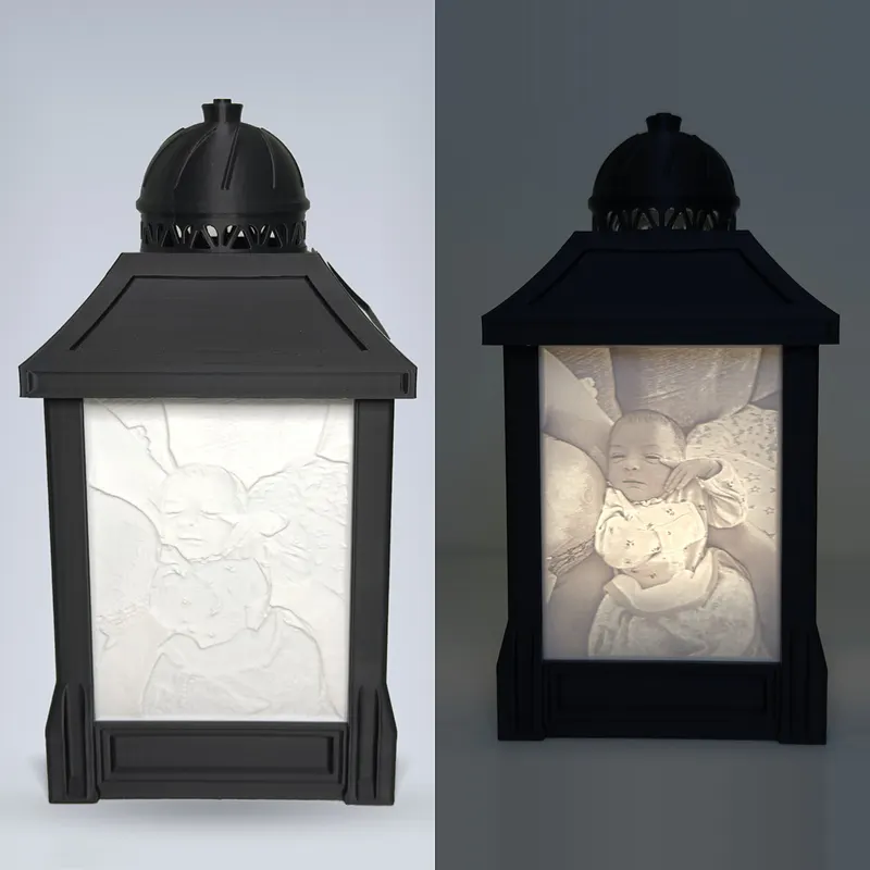 Custom lithophane photo lamp shown by day and lit at night