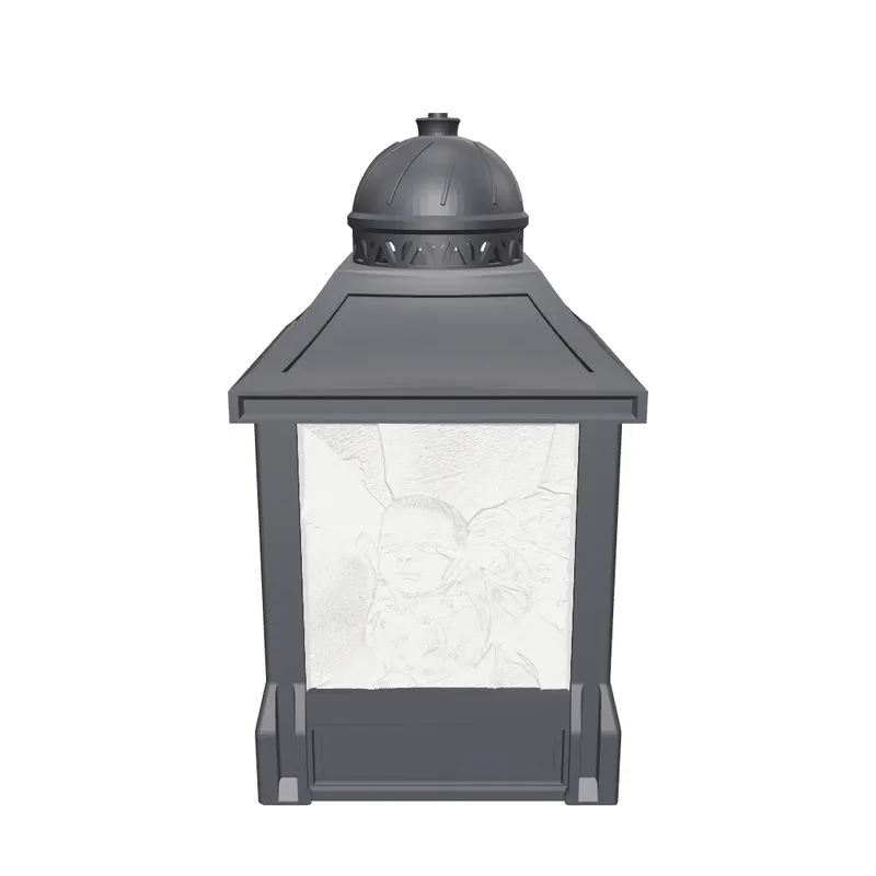 Interactive 3D model of the black 3D printed lithophane photo lantern showing four personalised photo relief panels