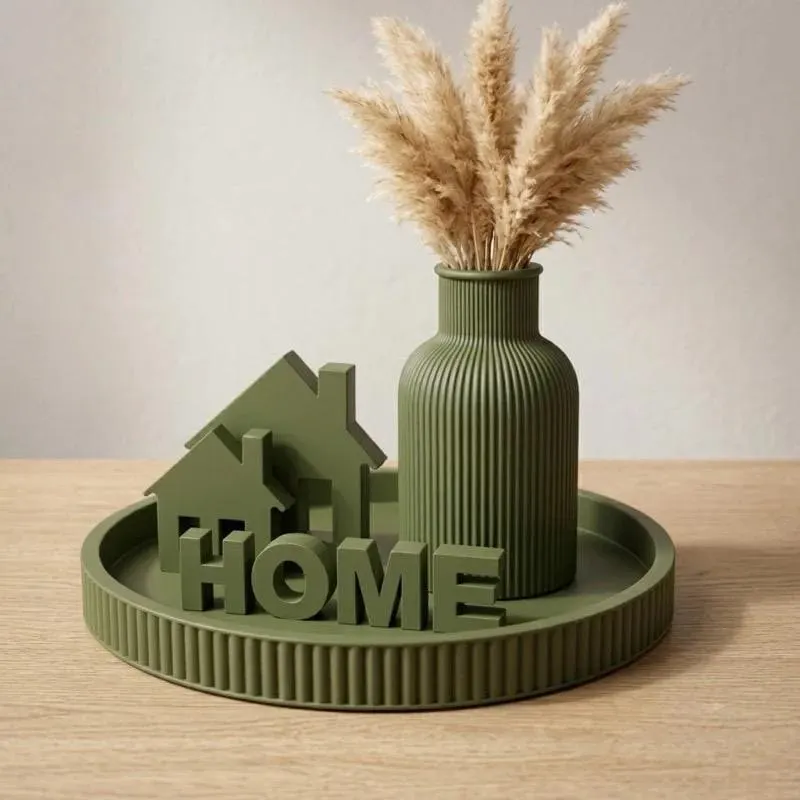 3D Printed Home Decor Set in Olive Green with Ribbed Vase and Tray