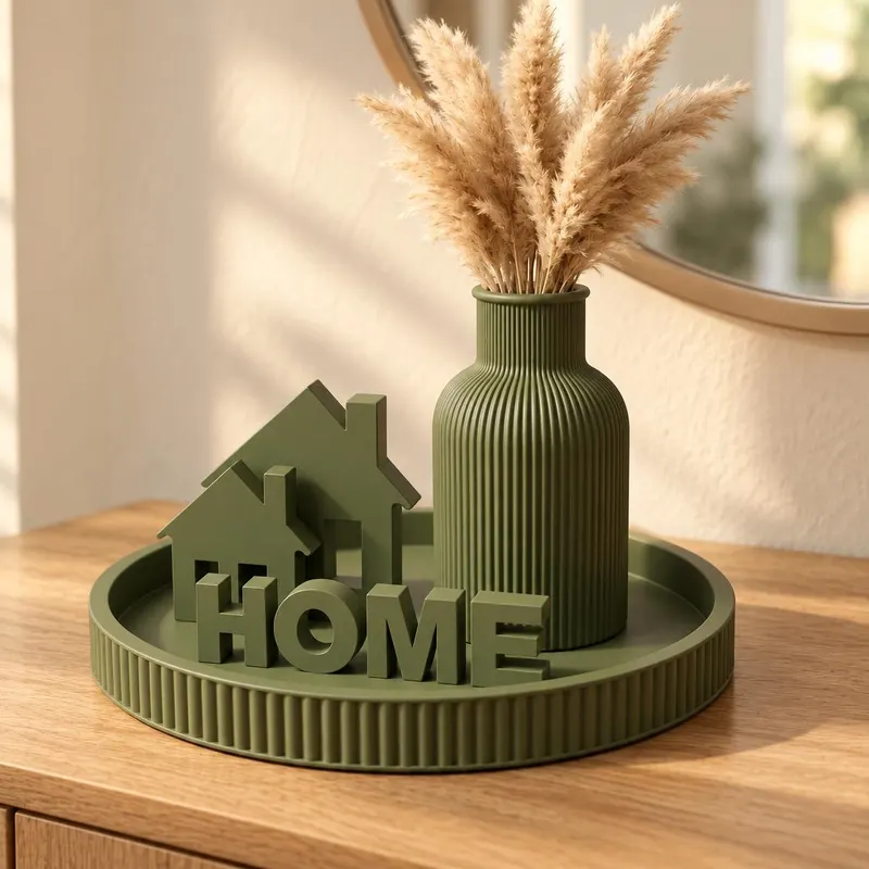 3D Printed Home Decor Set in Olive Green with Ribbed Vase and Tray — photo 3