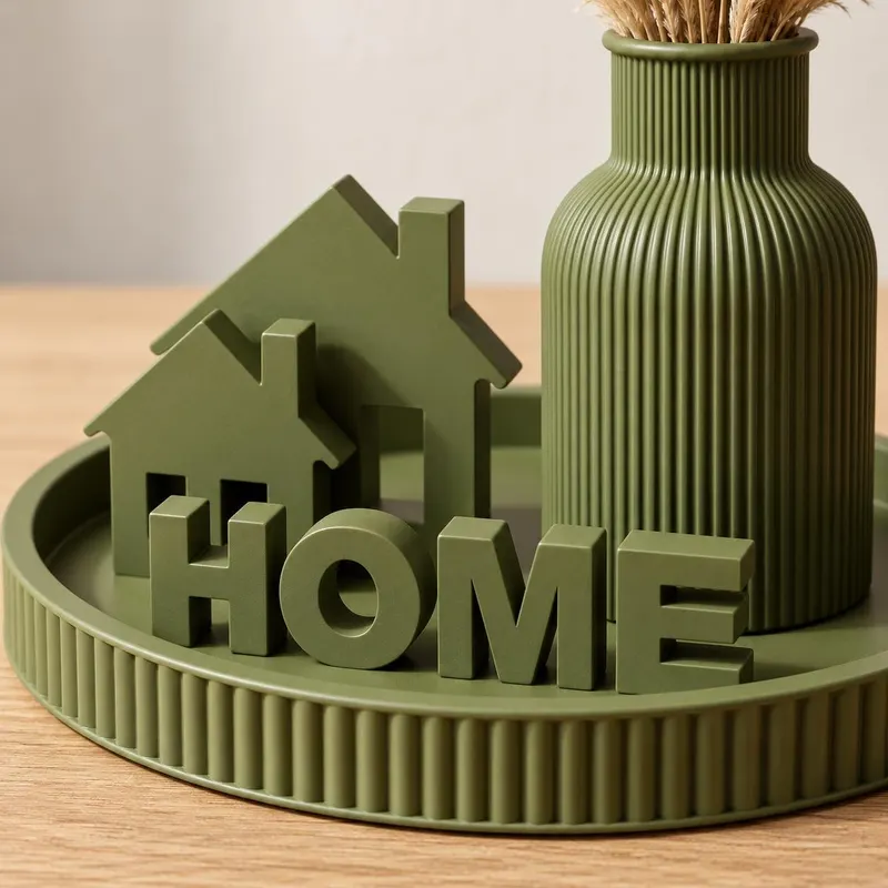 3D Printed Home Decor Set in Olive Green with Ribbed Vase and Tray — photo 4