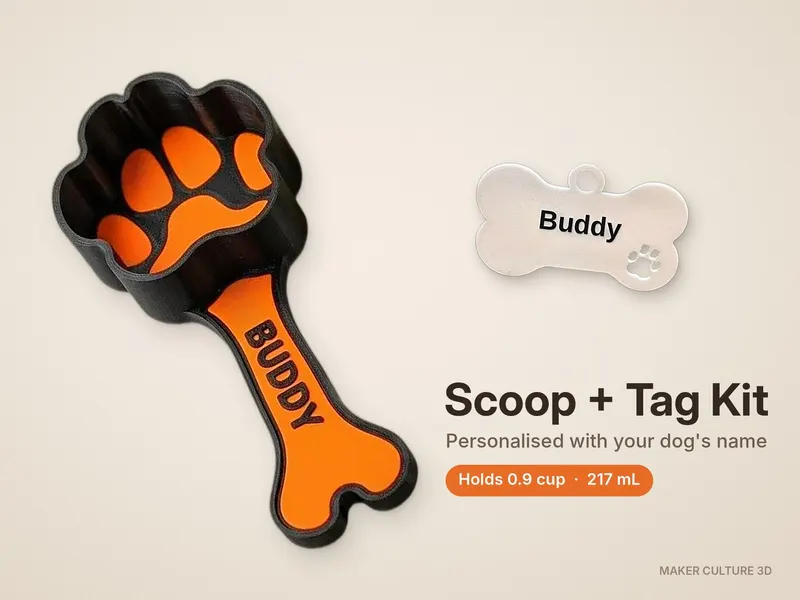 Personalised Dog Food Scoop & Name Tag Kit, Paw Kibble Measure, New Puppy Gift